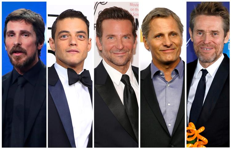 De nominerede som bedste mandlige skuespiller er fra venstre: Christian Bale, Rami Malek, Bradley Cooper, Viggo Mortensen og Willem Dafoe. Foto: Ritzau Scanpix/Ritzau Scanpix