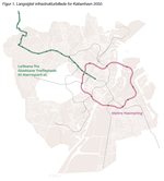 På illustrationen, som stammer fra det ny notat, er letbanen og metrohavneringen fremhævet. Illustration Københavns Kommune