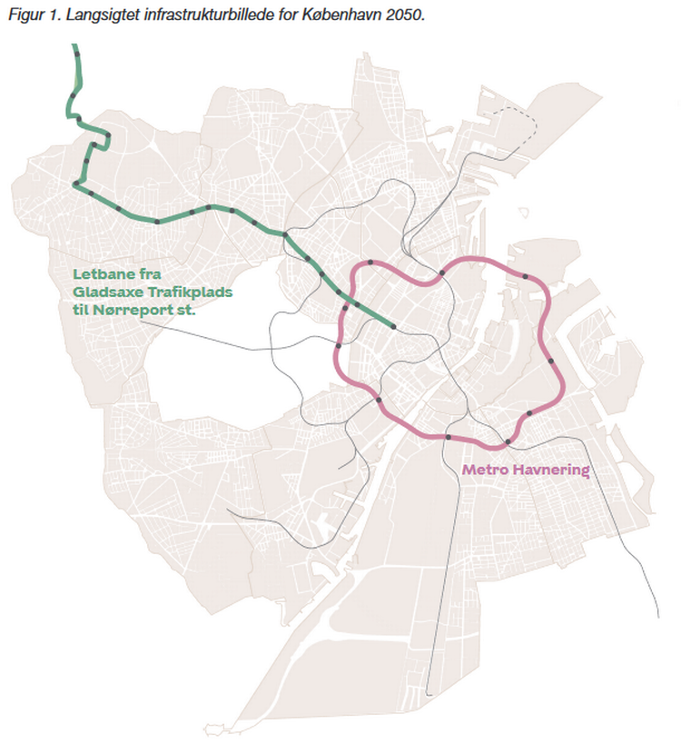 På illustrationen, som stammer fra det ny notat, er letbanen og metrohavneringen fremhævet. Illustration Københavns Kommune