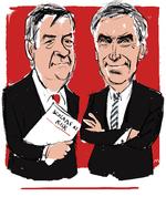 
Robert Quinn og Michael Ignatieff er optaget af den frie forskning, fordi den er så vigtig for at understøtte de demokratiske værdier  – det modtager de Politikens Frihedspris for.  
  Tegning:  Mette Dreyer