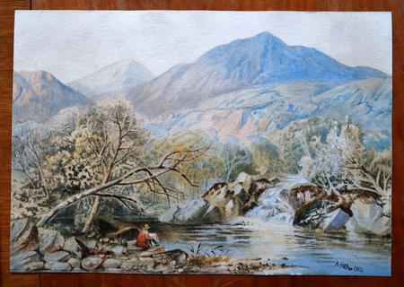 
    Det er denne alpeidyl, der skulle have været til salg på auktionen Kloss i Berlin i sidste uge med 28.000 kr. som mindstebud. Akvarellen er ifølge auktionshuset af kunstneren A. Hitler. Foto: Fabrizio Bensch/Ritzau Scanpix