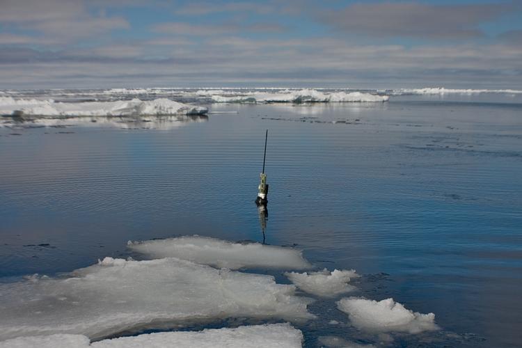 En bøje er sat ud i Det Nordlige Ishav for at måle vandtemperaturer. Bøjen er en del af det globale Argo-projekt, hvor tæt ved 4.000 bøjer verden over har givet ny viden om verdenshavene. Foto: Argo/University of California San Diego/realnature.tv GbR