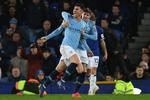 Manchester Citys franske Aymeric Laporte fejrer sin scoring.  Foto: Paul Ellis/Ritzau Scanpix