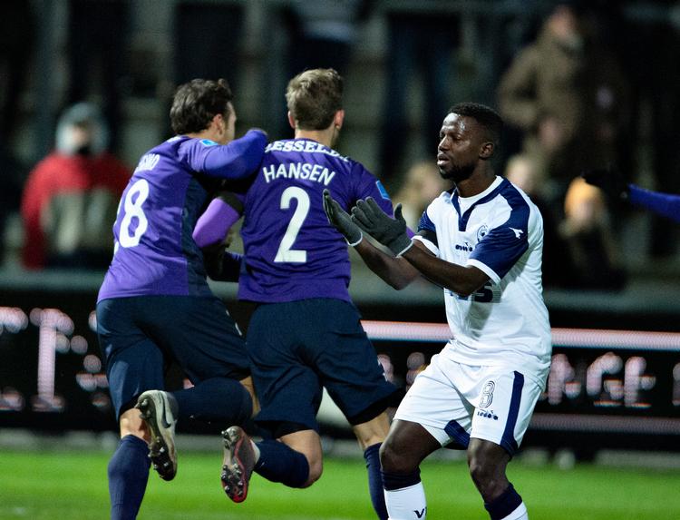 Med et hovedstød efter et hjørnespark blev Kian Hansen matchvinder for FC Midtjylland. Foto: Henning Bagger/Ritzau Scanpix