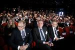Årsmøde i bankernes brancheorganisation, Finans Danmark, blev afholdt i Skuespilhuset i København. Til venstre Finans Danmarks formand, koncernchef Michael Rasmussen, i midten Socialdemokraternes Morten Bødskov og til højre Nationalbankdirektør Lars Rohde. Foto: Jens Dresling/POLFOTO