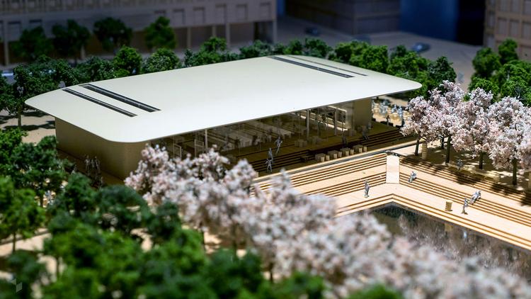 Sådan skulle Apples butik på Kunsträdgården i Stockholm have set ud. Det er arkitektfirmaet Forster + Partners, som har tegnet butikken, der tager form af en pavillon. Men det bliver ikke til noget, efter bystyret har har bremset planerne.  Foto: Forster + Partners