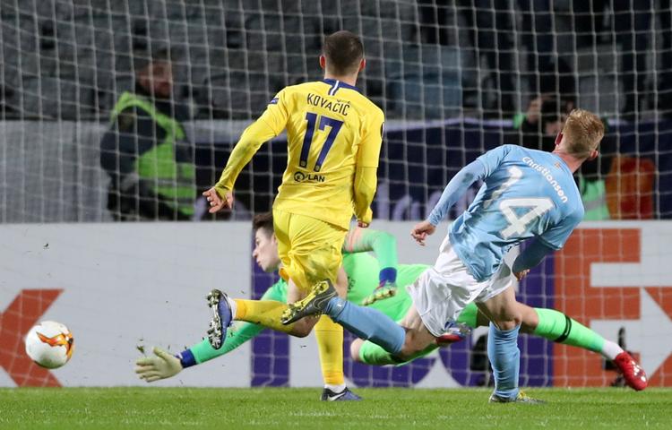 Danske Anders Christiansen reducerede til 1-2 for Malmø FF hjemme mod Chelsea FC.  Foto: Peter Cziborra/Ritzau Scanpix