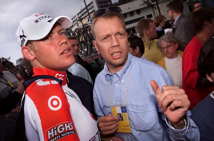 Alex Pedersen (th.) fotograferet under et tidligere Tour de France sammen med den nuværende sportsdirektør for Riwal Readynez Michael Blaudzun. Foto: Ole Steen/POLFOTO