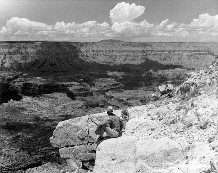 Chefen for nationalparkens parkbetjente, Hr. Stricklin, skuer ud mod Trumbull-bjergene i baggrunden. Billedet er taget i 1954.
 Foto: Steve Leding/Grand Canyon National Park