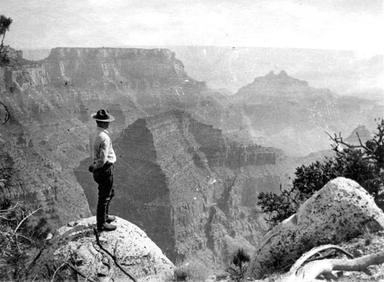 Parkbetjenten Tex Worley skuer ud over Grand Canyon fra Arapahoe Point i september 1936. Foto: Grand Canyon National Park