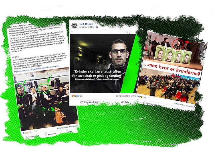 I kollagen her ses de falske nyheder, Alternativet har kæmpet mod de seneste måneder. I opslaget, om at Rasmus Nordqvist og en række andre politikere er på vej til Mellemøsten, er teksten under ’UPDATE’ blevet tilføjet senere. Opslaget blev dog hverken slettet eller skrevet om. Skærmdumps er taget fra Facebook. Foto: 