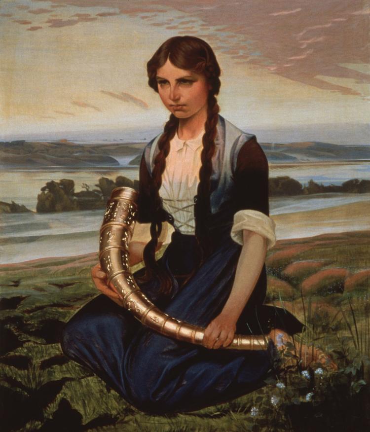 I 1906 malede Harald Slott-Møller 'Pigen, der finder guldhornet'. Det var lidt over hundrede år efter, at begge guldhorn - for der var to - var blevet stjålet fra Det Kongelige Kunstkammer og smeltet om til øreringe og skospænder. Siden lod man fremstille kopier af de sagnagtige horn. De blev imidlertid også stjålet - i 2007, lidt over hundrede efter Slott-Møllers maleri, som tilhører Museum Sønderjylland. Foto: Museum Sønderjylland - Sønderborg Slot