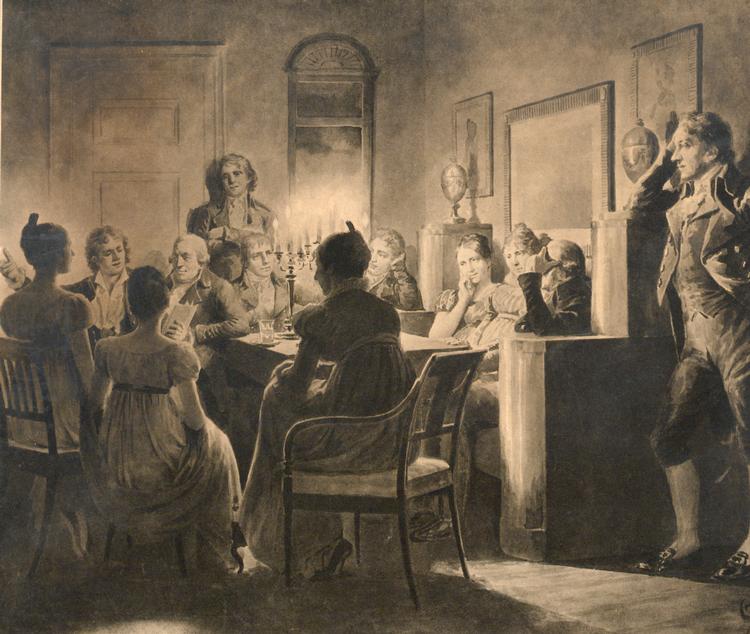 ’Hakon Jarl’ læses op i A.S. Ørsteds hjem. Forrest, som nummer tre fra venstre, ses Kamma Rahbek med ryggen til. Litografi efter tuschtegning af Carl Thomsen, Bakkehusmuseet.  Illustration fra bogen Illustration fra bogen 