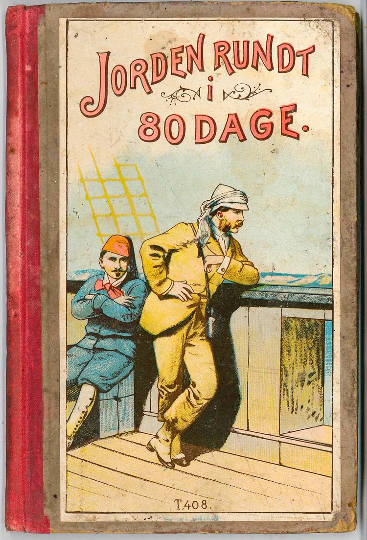 Sådan udkom ’Jorden rundt i 80 Dage’ bearbejdet for ungdommen i 1900 – udenpå ses Phileas Fogg og hans tjener Passepartout, indvendig: De to har reddet hindu-prinsessen Aouda fra en enkebrænding og flygter pr. elefant. Men romanen skal læses ubearbejdet og uforkortet.

 
