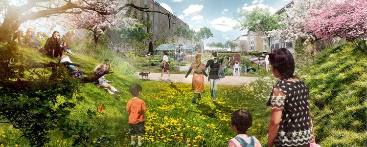 Er det Vagttårnet fra Jehovas Vidner? Nej, det er en visualisering af et boligområde i Nykøbing Falster. Rendering:  Arkitema Architects, konkurrence/helhedsplan for Guldborgsund Kommune