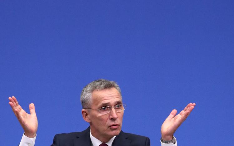 Natos generalsekretær,  Jens Stoltenberg , ved præsentationen af Natos rapport for 2018.
   Foto: Yves Herman/Ritzau Scanpix