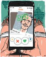 Hvor langt rækker din mentale Tinder-radius? Ibyens brevkasse svarer en læser, der hader mænd, men gerne vil have en kæreste. Foto: Mette Dreyer/Politiken-Tegning