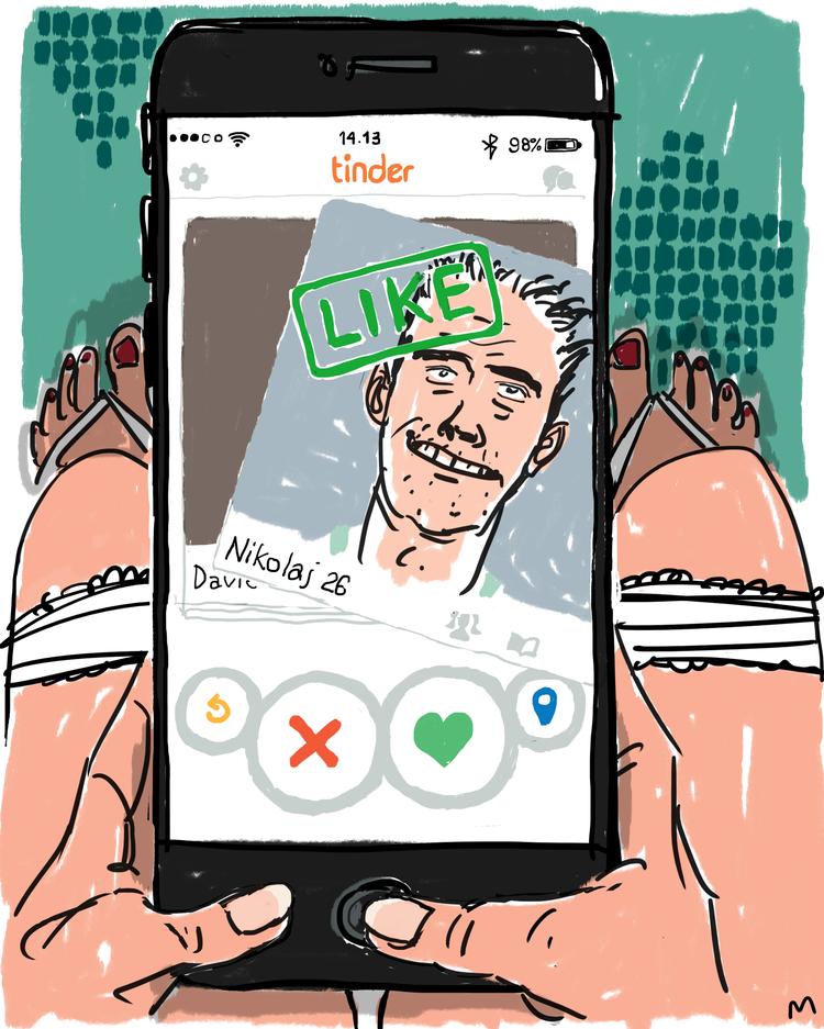 Hvor langt rækker din mentale Tinder-radius? Ibyens brevkasse svarer en læser, der hader mænd, men gerne vil have en kæreste. Foto: Mette Dreyer/Politiken-Tegning