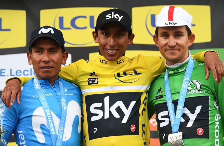 Podiet i Paris-Nice: Den colombianske sejrherre Egan Bernal sammen med sin førsteudfodrer landsmanden Nairo Quintana (t.v.) og holdkammeraten Michal Kwiatkowski. Foto: Anne-christine Poujoulat/Ritzau Scanpix