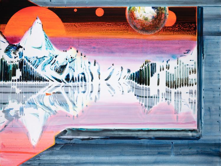 John Kørner lader i malerier som 'The earth from a window' (2019) motivet gennembryde den malede ramme, så der opstår helt nye perspektiver. Foto: John Kørner ogVictoria Miro, London/Venice 
