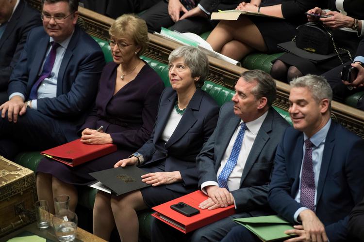 Theresa May i midten under en afstemning i det britiske parlament, marts 2019. Foto: Jessica Taylor / UK Parliament / AFP. Foto: Jessica Taylor/Ritzau Scanpix