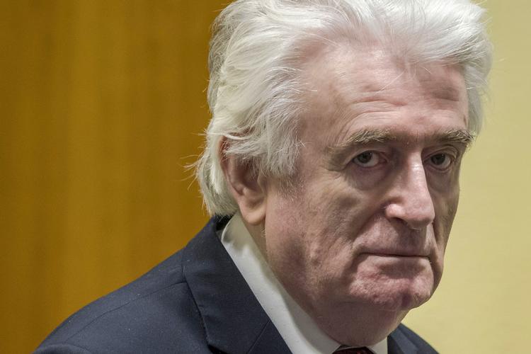 Radovan Karadzic redigerer på dommen.  Foto: Peter Dejong/Ritzau Scanpix