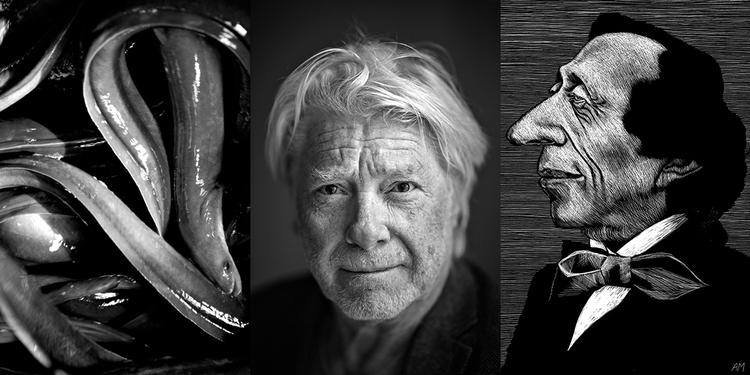Foreløbig har forlag i 22 lande købt rettighederne til svenske Patrik Svenssons debutbog, som handler om ... ål. I midten forlæggeren Claus Clausen, som efter at have solgt sit forlag Tiderne Skifter nu har stiftet et mikroforlag, Epilog. Og så, ude til højre, H.C. Andersen, som altid er god for en historie. Som f.eks. den om, at han skulle være uægte søn af en konge.  Foto: Per Folkver, Miriam Dalsgaard/Tegning: Anne-Marie Steen Petersen
