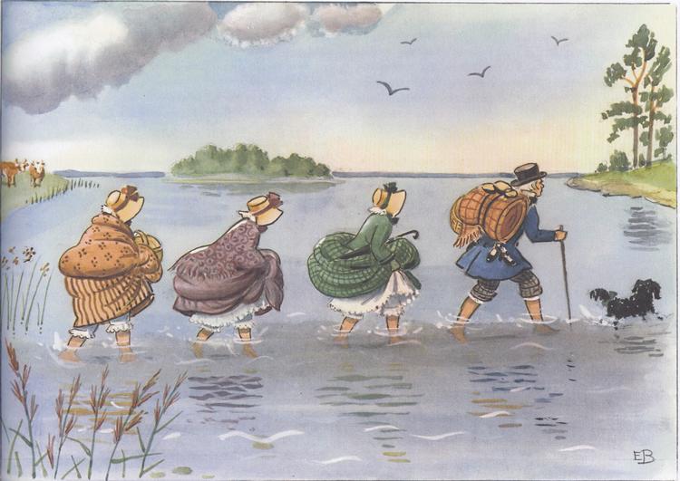 Svenske Elsa Beskows historier om ’Tante Grøn, tante Brun og tante Lilla begyndte at udkomme på dansk i 1919, nu er tanterne, hr. Blå og puddelpunden Prik på banen igen. Foto: Illustration fra bogen