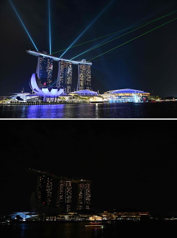Marina Bay Sands hotel i Singapore før og efter.  Foto: Roslan Rahman/Ritzau Scanpix
