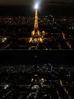 Eiffeltårnet i Paris før og efter. 
   Foto: Geoffroy van der Hasselt/Ritzau Scanpix