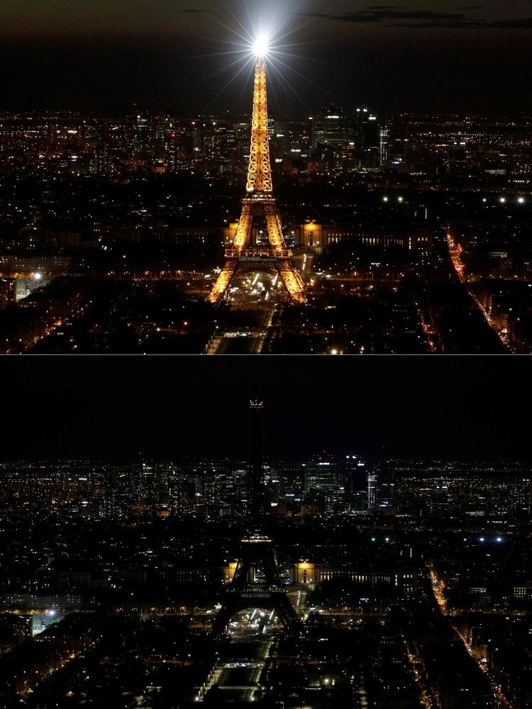 Eiffeltårnet i Paris før og efter. 
   Foto: Geoffroy van der Hasselt/Ritzau Scanpix