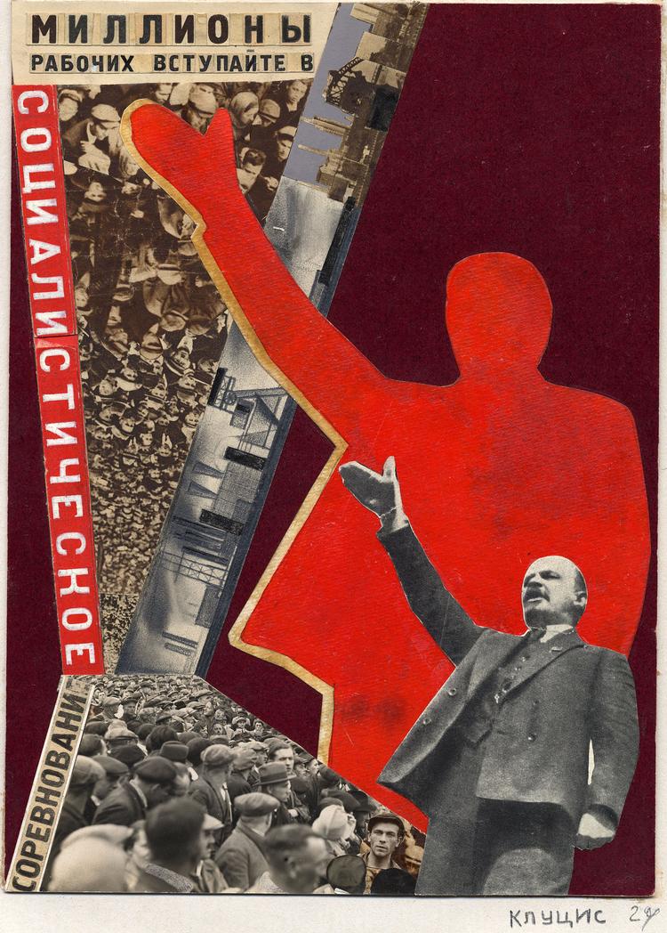 Brugen af fotomontagen var konstruktivisternes helt store opfindelse. Mesteren udi genren hed Gustav Klucis, som her gør propagandaen til en leg med linjer.  'Millions de travailleurs! Rejoignez la compétition socialiste!' (ca.  1927)  Foto: Collection du musée national des Beaux-Arts de Lettonie