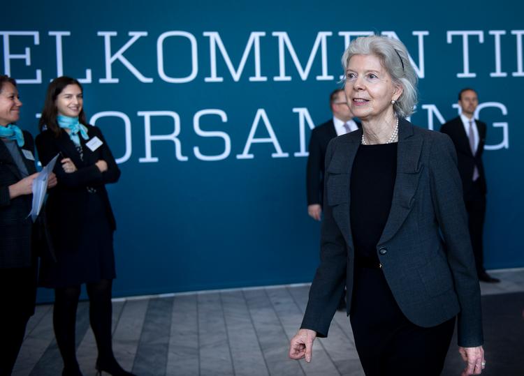 »Vi er meget tålmodige. Det er et langt sejt træk at vende en supertanker som A.P. Møller – Mærsk«, sagde Ane Mærsk Mc-Kinney Uggla ved tirsdagens generalforsamling i Bella Center.
   Foto: Liselotte Sabroe/Ritzau Scanpix