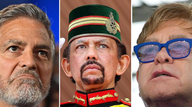 Filmmanden George Clooney og sangeren Elton John går op imod Bruneis sultan, Hassanal Bolkiah, der fra i dag vil straffe homoseksuelle med stening. Foto: Valerie Macon, Karen Bleier/Ritzau Scanpix