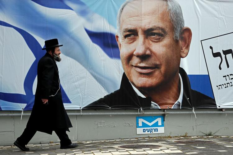 Israels premierminister, Benjamin Netanyahu, på plakat i Jerusalem, april 2019. Foto: Thomas Coex / AFP   Foto: Thomas Coex/Ritzau Scanpix