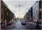 Hov, hvor blev alle indbyggerne med ikkevestlig baggrund af i visualiseringen af det nye Mjølnerparken? Rendering KHS arkitekter for Bo-Vita