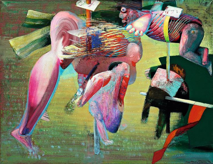Udvalgte af Arne Haugen Sørensens malerier er flot gengivet hele vejen igennem erindringsbogen. Her 'De ophængte. De tror de flyver' fra 1976, Randers Kunstmuseum. Foto: Arne Haugen Sørensen: 'De ophængte. De tror de flyver', 1976, Randers Kunstmuseum