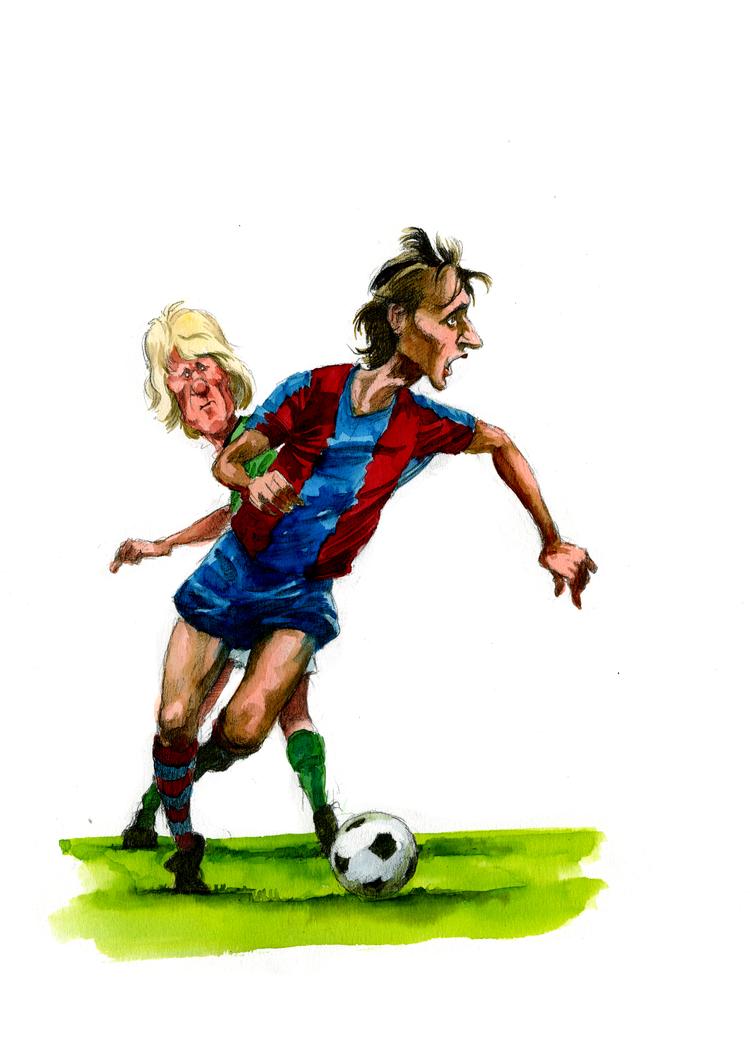 Johan Cruyff i Barcelona-dragten - med Morten Olsen i baggrunden. Olsen blev i øvrigt træner for Cruyffs gamle klub, Ajax Amsterdam, inden han, Olsen, blev landstræner i Danmark. Foto: Roald Als/Politiken-Tegning