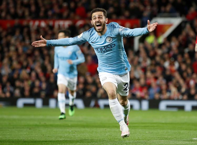 Bernardo Silva sendte Manchester City på sejrsprus med sit mål til 1-0. Og det var han rigtig glad for.
   Foto: Carl Recine/Ritzau Scanpix
