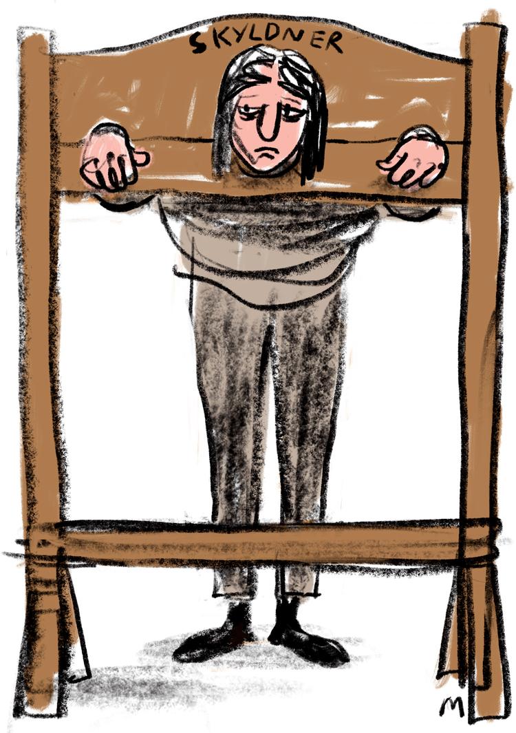 Hvis du ikke kan betale din gæld, bliver du fastholdt i skylden.  Tegning: Mette Dreyer