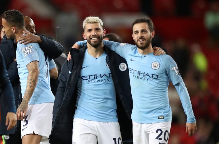 Sergio Agüero and Bernardo Silva fra Manchester City er begge på årets hold i Premier League, kåret af spillerne. Foto: Carl Recine/Ritzau Scanpix