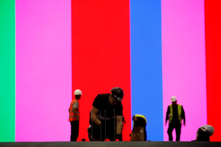 Scenen i Tel Aviv, hvor årets Eurovision Song Contest vil blive afholdt, er under opbygning.  Foto: Amir Cohen/Ritzau Scanpix