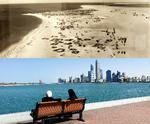 I 1955 (øverst) var der ikke meget at komme efter i Abu Dhabi, der er hovedstad i De Forenede Arabiske Emirater. Dengang var det en fattig fiskerby med under 10.000 indbyggere og uden skoler og hospitaler. I dag er Abu Dhabi er stenrig millionby, der takket være olieindustrien tiltrækker magt, penge og turister ligesom de øvrige emirater og Golfstater. Foto: Privatfoto og Martin Hvidt