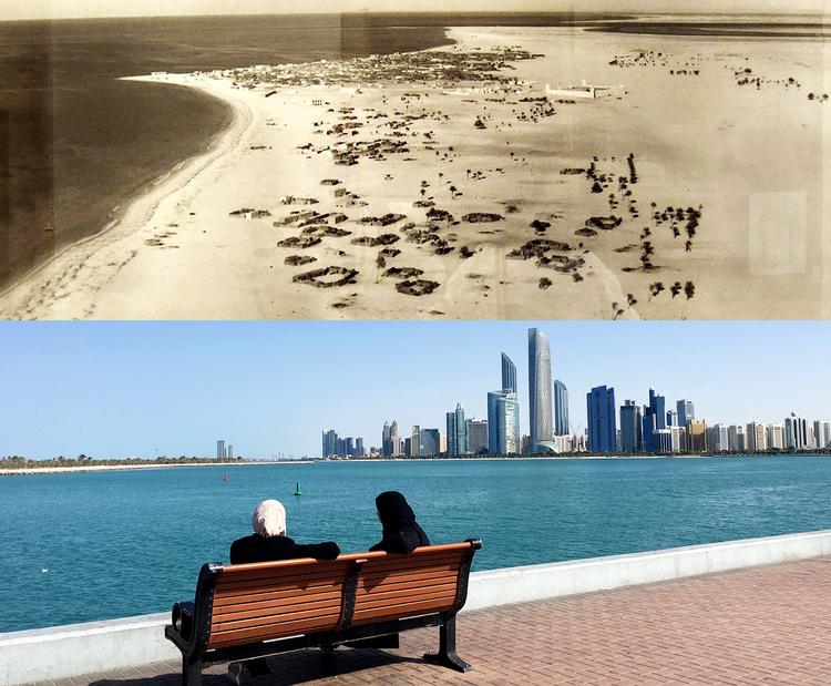 I 1955 (øverst) var der ikke meget at komme efter i Abu Dhabi, der er hovedstad i De Forenede Arabiske Emirater. Dengang var det en fattig fiskerby med under 10.000 indbyggere og uden skoler og hospitaler. I dag er Abu Dhabi er stenrig millionby, der takket være olieindustrien tiltrækker magt, penge og turister ligesom de øvrige emirater og Golfstater. Foto: Privatfoto og Martin Hvidt