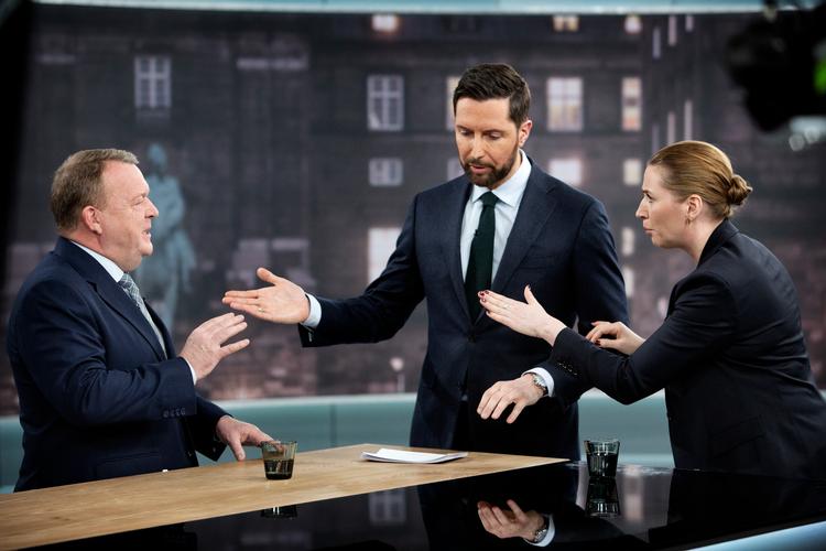TV-duel imellem statsministerkandidaterne Lars Løkke Rasmussen (V) og Mette Frederiksen (S) i DR-Byen i København i marts 2019. Foto: Martin Lehmann/POLFOTO