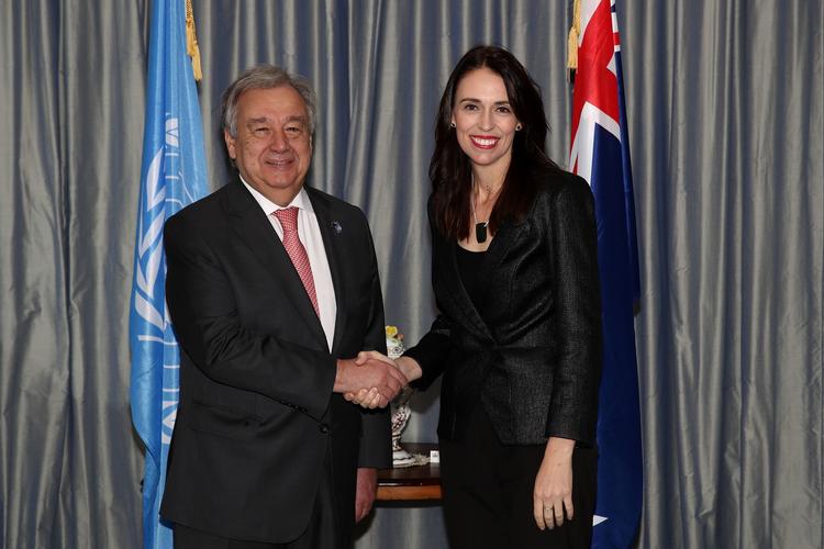 FN's generalsekretær, António Guterres sammen med New Zealands premierminsiter Jacinda Ardern.  Foto: Hannah Peters/Ritzau Scanpix