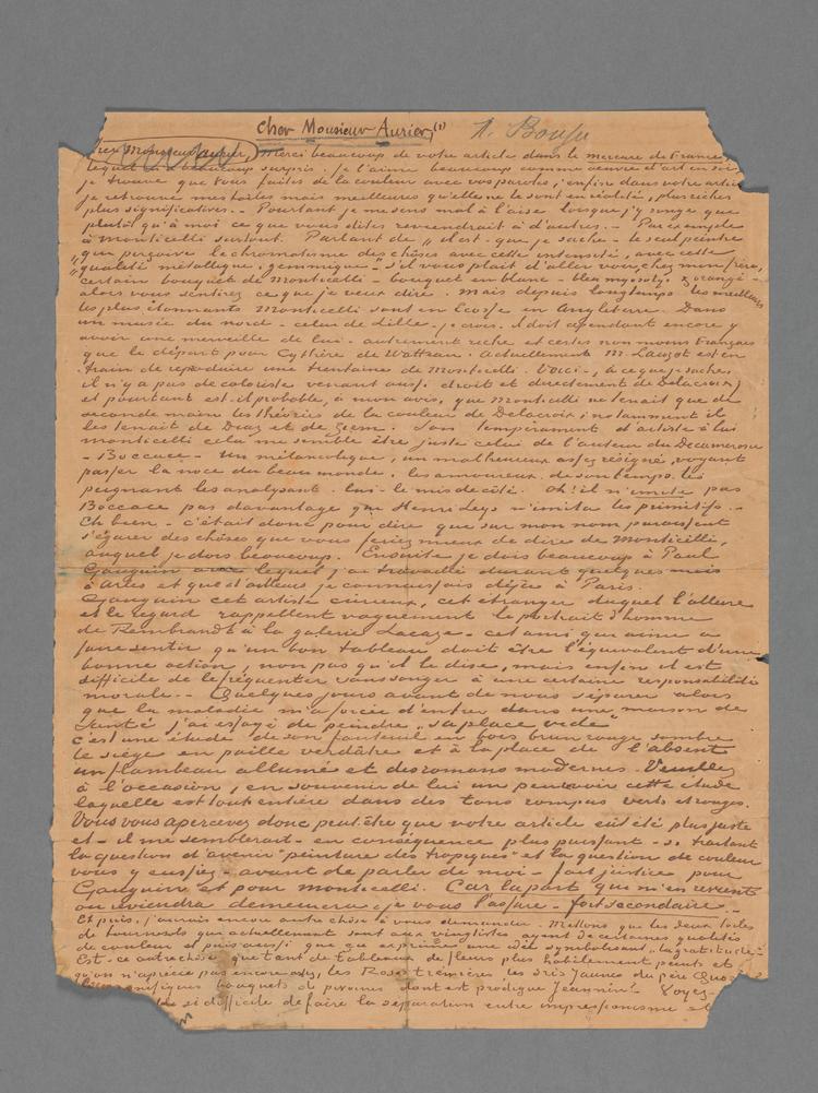 Det er dette brev fra Vincent van Gogh til kritikeren og digteren Albert Aurier, som nu er solgt på auktion.  Foto: Heleen van Driel