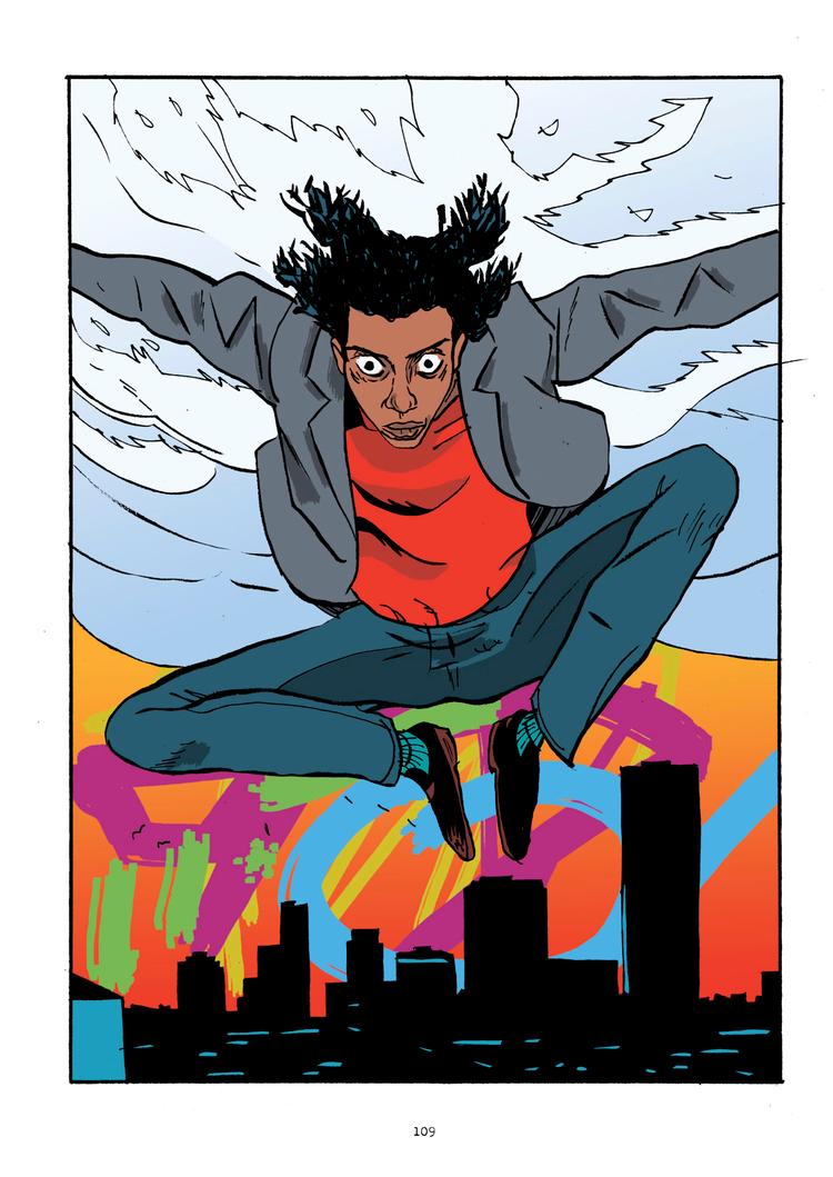 Et højdepunkt er en helside, hvor Basquiat, høj på stoffer og med opspilede øjne, svæver over byens skyline i et sært dragende Spider-Man-spring. De ekstreme følelser formidles i stærke energiudladninger, mens resten af tegneserien alt for ofte føles sammenpresset i de snævre paneler.  Fra bogen Illustration fra bogen