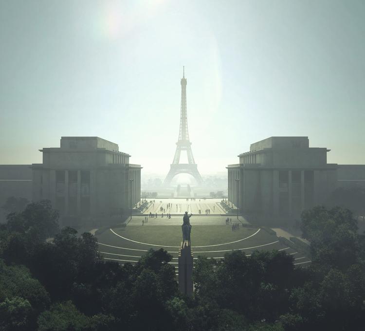En rendering af Eiffeltårnet og parken omkring set fra  Place du Trocadéro. Foto: Gustafson Porter + Bowman
