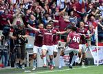 Aston Villa-spillerne jubler efter at have scoret det andet mål i oprykningsfinalen mod Derby County. Foto: Tony O'brien/Ritzau Scanpix